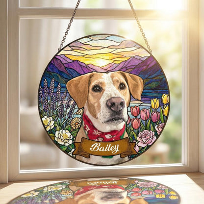 Dog Portrait Stained Glass Suncatcher with Name Ribbon - Personalized Pet Photo Window Art - Dog Memorial Gift