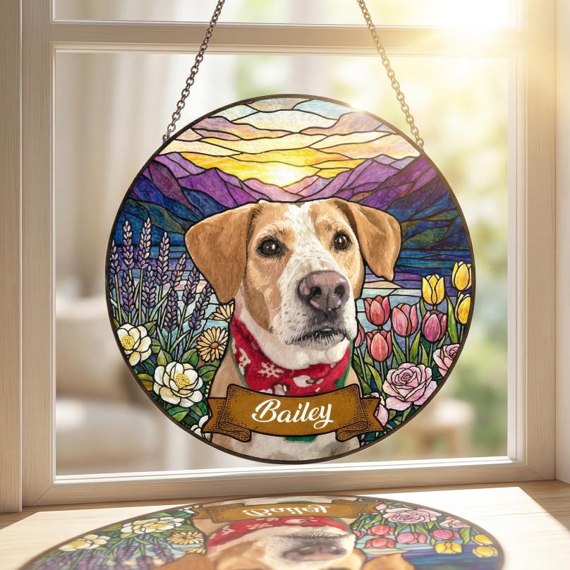 Dog Portrait Stained Glass Suncatcher with Name Ribbon - Personalized Pet Photo Window Art - Dog Memorial Gift