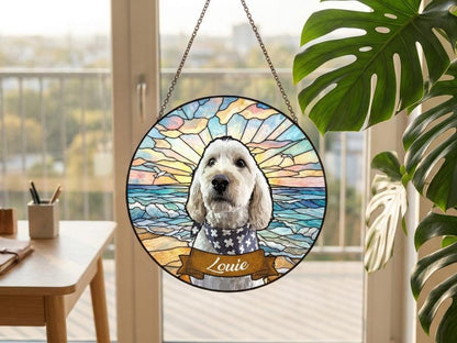 Dog Portrait Stained Glass Suncatcher with Name Ribbon - Personalized Pet Photo Window Art - Dog Memorial Gift