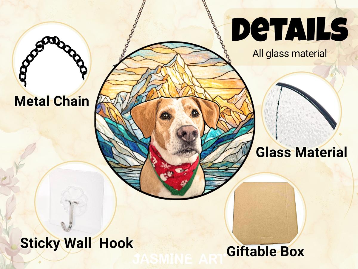 Dog Portrait Stained Glass Suncatcher with Name Ribbon - Personalized Pet Photo Window Art - Dog Memorial Gift