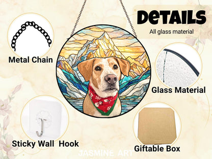 Dog Portrait Stained Glass Suncatcher with Name Ribbon - Personalized Pet Photo Window Art - Dog Memorial Gift