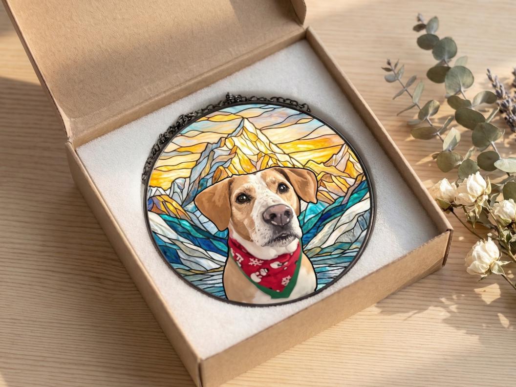 A round stained glass art piece featuring a dog with tan and white fur, wearing a red bandana with a white pattern. The background depicts a mountain landscape with yellow, blue, and white colors. The artwork is in a cardboard box.