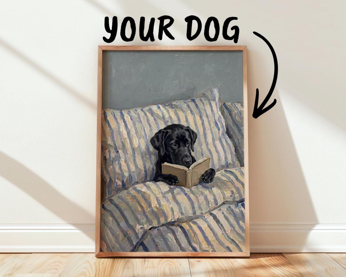 Dog Reading In Bed Painting From Your Photo - Personalized Pet Portrait Art Print - Gift For Dog Lovers