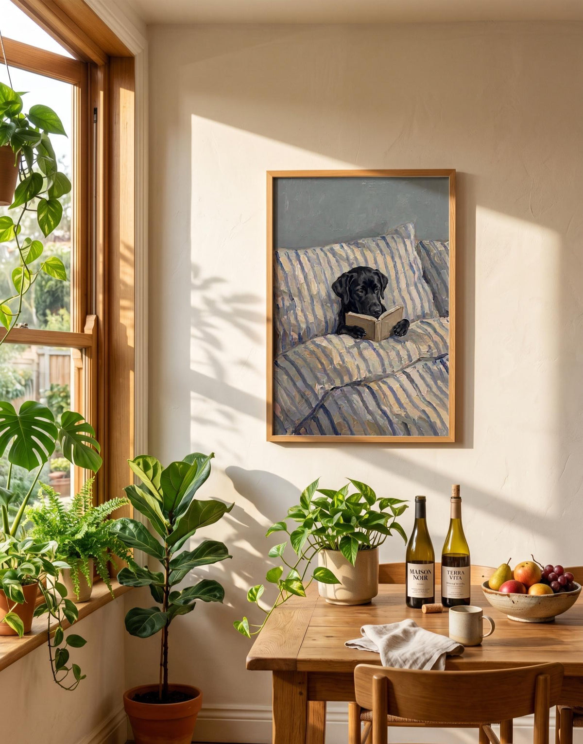 A framed wall art print depicting a black Labrador dog lying in a bed with blue and white striped bedding, holding an open book. The artwork features a gray background and is displayed in a light-colored wooden frame on a wall.