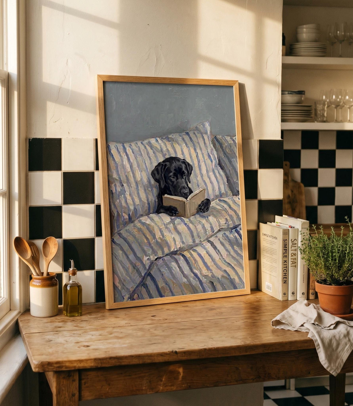 A framed wall art print featuring an oil painting of a black Labrador dog lying in a bed with blue and white striped pillows and blankets, holding an open book with its paws. The artwork is displayed in a light wood frame.
