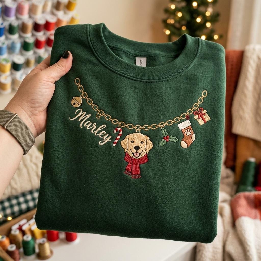 A dark green crewneck sweatshirt featuring an embroidered gold chain design draped across the chest. The chain includes charms of a bell, a candy cane, a holly sprig, a stocking, and a gift. The name Marley is embroidered in white.