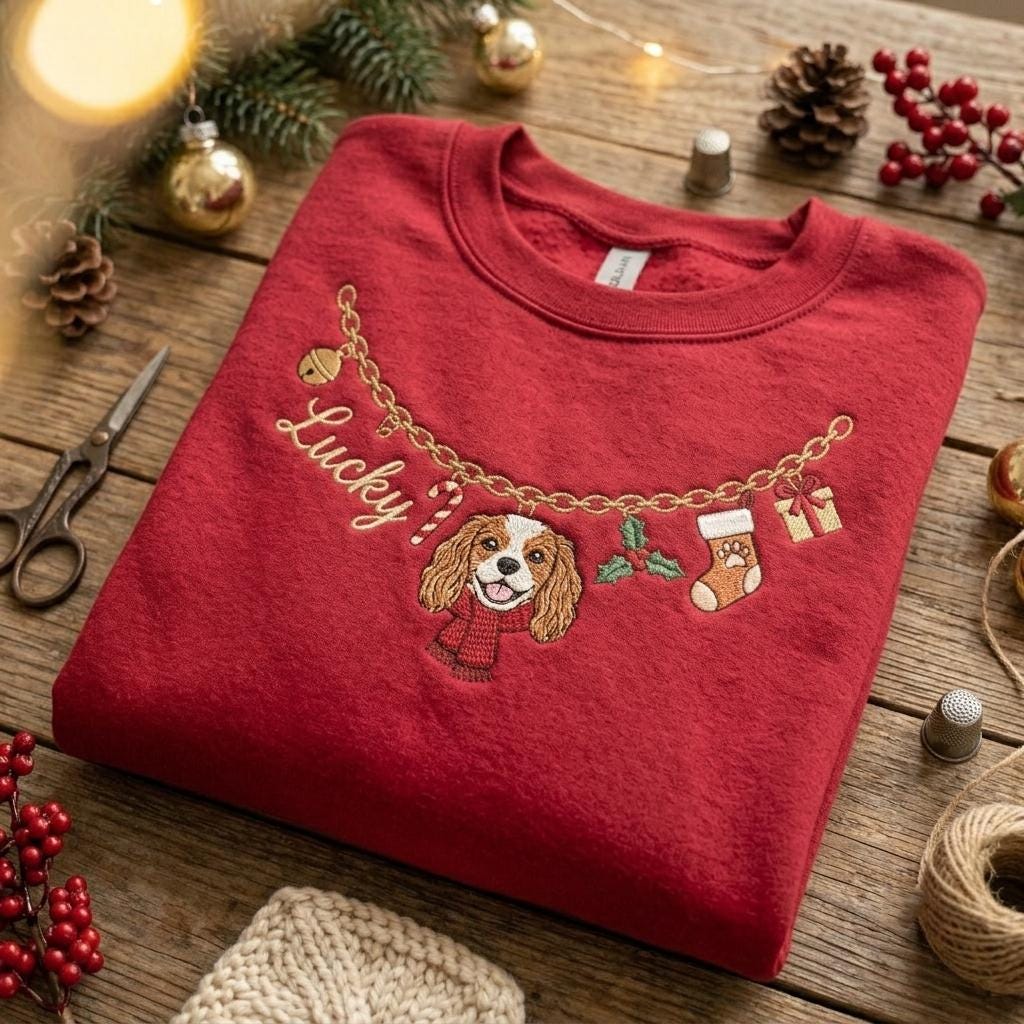 A red crewneck sweatshirt featuring an embroidered gold chain design across the chest. The chain holds a bell, a candy cane, a Cavalier King Charles Spaniel wearing a red scarf, holly leaves, a stocking, and a gift box. The word Lucky is embroidered in cursive script.