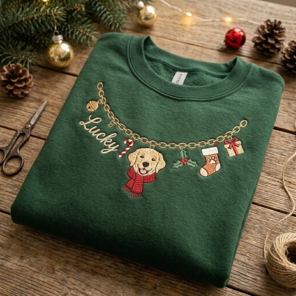 A dark green crewneck sweatshirt featuring an embroidered gold chain design across the chest. The chain is adorned with a bell, a candy cane, a golden retriever wearing a red scarf, holly leaves, a stocking, and a gift box.