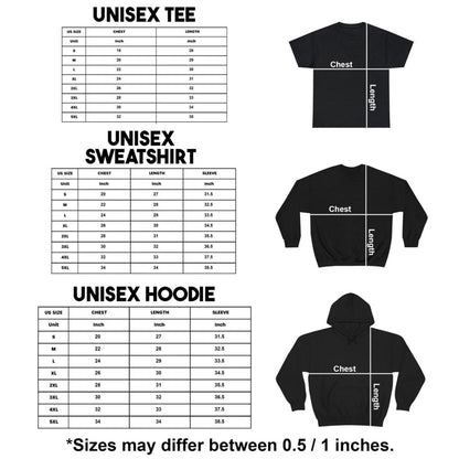 A size chart for a black unisex tee, sweatshirt, and hoodie. Each section includes a table with US sizes in inches for chest, length, and sleeve measurements, alongside a black garment silhouette with lines indicating where to measure.
