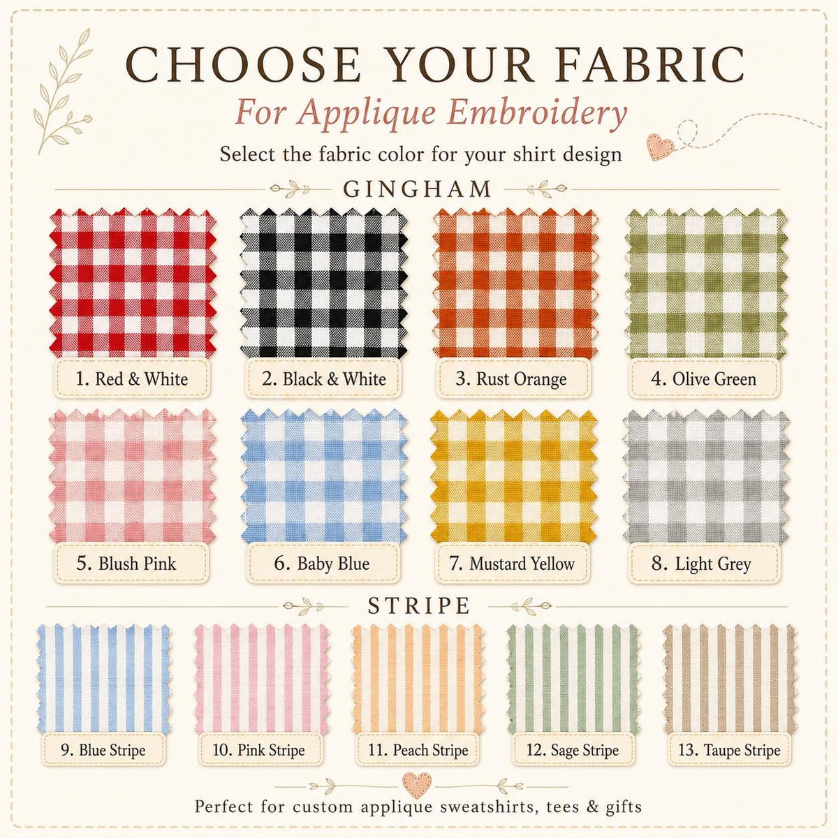 A fabric color selection chart for applique embroidery featuring eight gingham squares in red, black, rust, olive, pink, blue, yellow, and grey, plus five striped fabric swatches in blue, pink, peach, sage, and taupe with labels.
