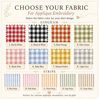 A fabric color selection chart for applique embroidery featuring eight gingham squares in red, black, rust, olive, pink, blue, yellow, and grey, plus five striped fabric swatches in blue, pink, peach, sage, and taupe with labels.