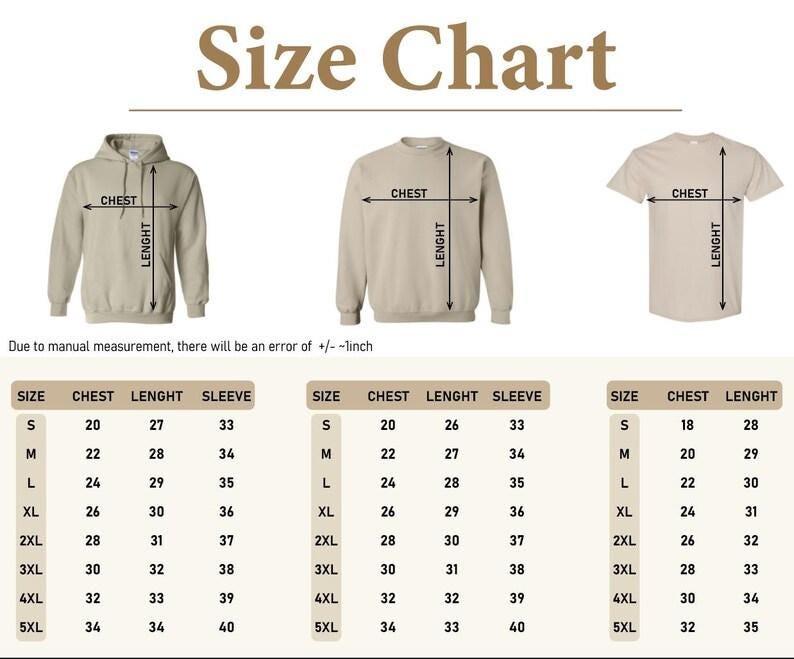 A beige size chart for apparel featuring a hoodie, a sweatshirt, and a t-shirt. Each garment is illustrated with arrows indicating chest and length measurements. Three tables provide specific sizing data in inches for sizes S to 5XL.