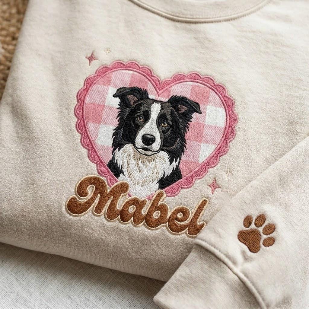 A beige crewneck sweatshirt featuring an embroidered design of a black and white Border Collie inside a pink gingham heart frame. Below the heart, the name Mabel is embroidered in brown script. A brown paw print is on the sleeve.