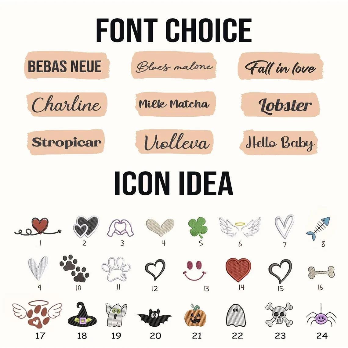 A chart displaying font choices and icon ideas for embroidery. The font section lists Bebas Neue, Blues Malone, Fall in Love, Charline, Milk Matcha, Lobster, Stropicar, Violleva, and Hello Baby. Below, twenty-four numbered icons include hearts, paws, wings, a witch hat, a ghost, a pumpkin, and a skull.