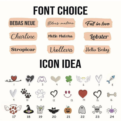 A chart displaying font choices and icon ideas for embroidery. The font section lists Bebas Neue, Blues Malone, Fall in Love, Charline, Milk Matcha, Lobster, Stropicar, Violleva, and Hello Baby. Below, twenty-four numbered icons include hearts, paws, wings, a witch hat, a ghost, a pumpkin, and a skull.