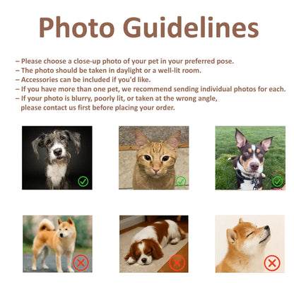 An informational graphic titled Photo Guidelines with text instructions for pet photography. It displays six pet photos: three marked with green checkmarks for good quality and three with red x marks for poor quality examples.