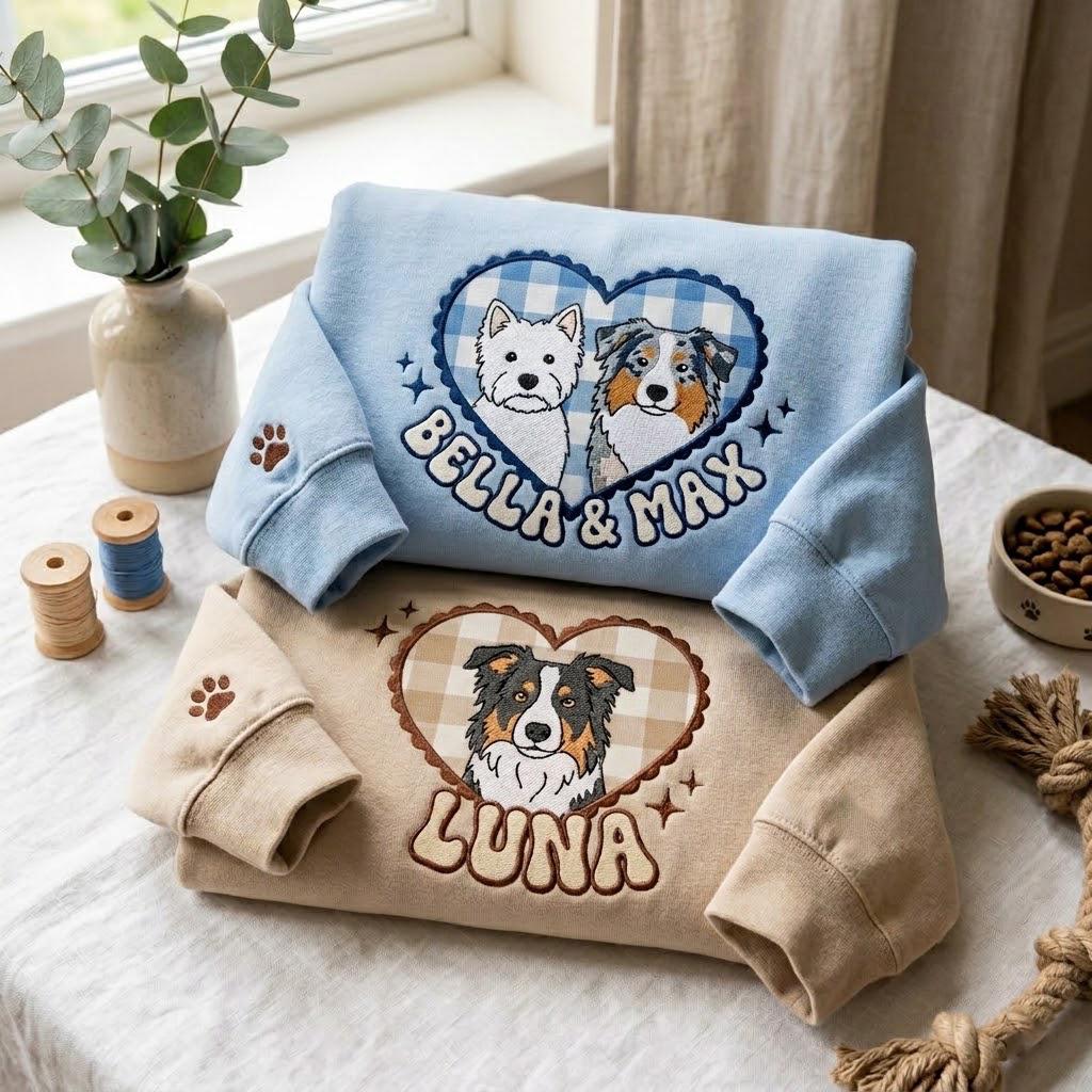A light blue sweatshirt featuring an embroidered heart with a blue gingham pattern and two dogs, labeled "BELLA & MAX," and a tan sweatshirt featuring an embroidered heart with a tan gingham pattern and one dog, labeled "LUNA."