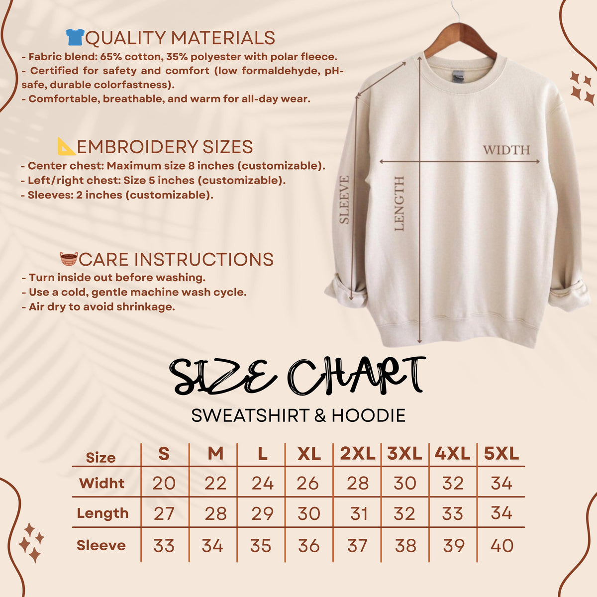 A beige crewneck sweatshirt displayed on a hanger, accompanied by a size chart and text detailing quality materials, embroidery sizes, and care instructions. The chart lists sizes S through 5XL with width, length, and sleeve measurements.