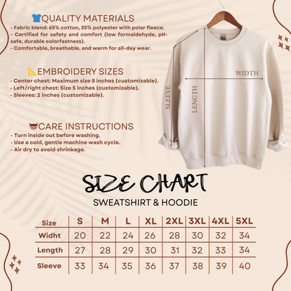 A beige crewneck sweatshirt displayed on a hanger, accompanied by a size chart and text detailing quality materials, embroidery sizes, and care instructions. The chart lists sizes S through 5XL with width, length, and sleeve measurements.