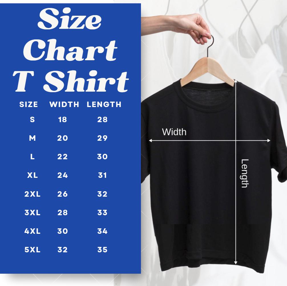 A black t-shirt hanging on a wooden hanger next to a blue size chart. The chart lists sizes S through 5XL with corresponding width and length measurements in inches. White lines on the shirt indicate where width and length are measured.
