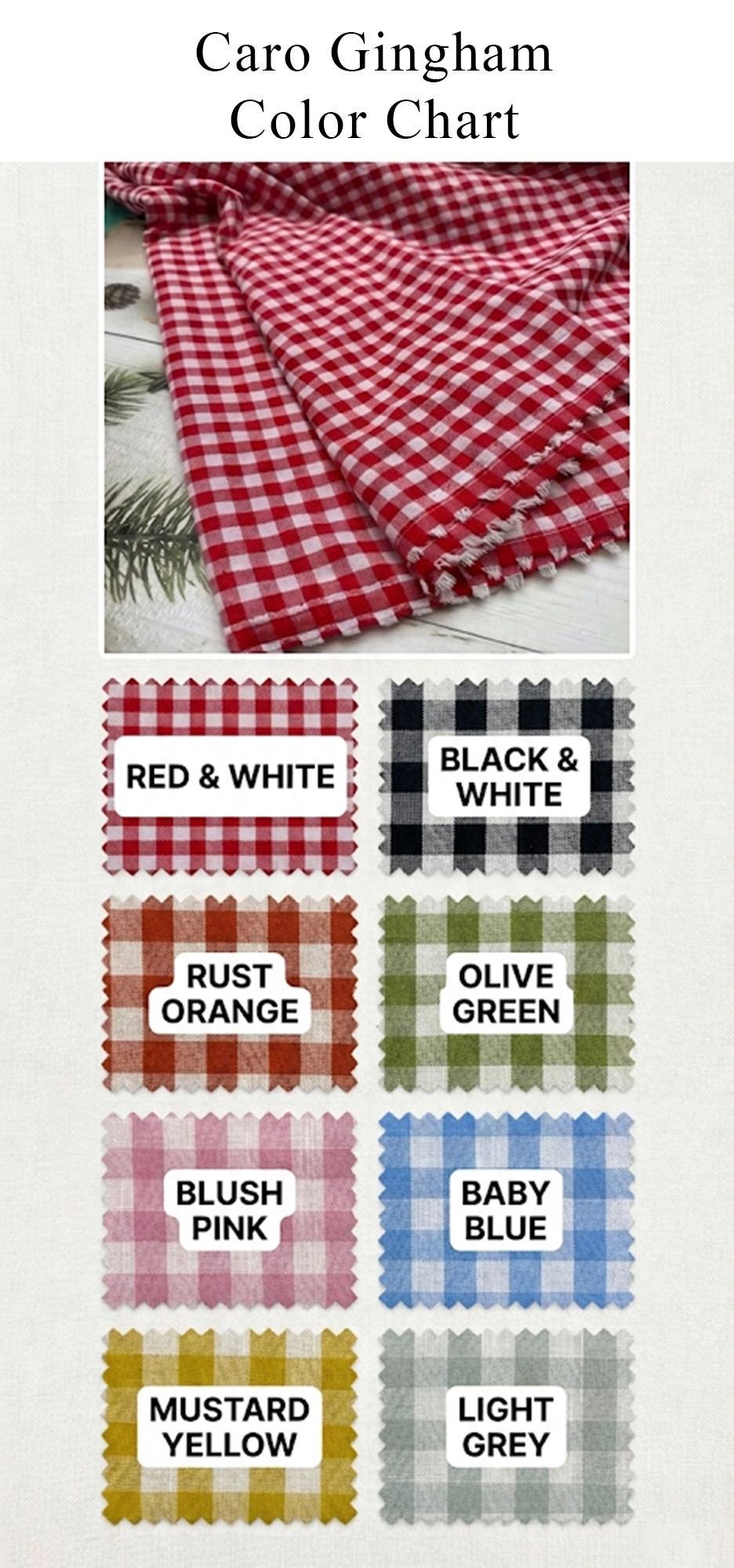 A Caro Gingham color chart featuring a folded red and white checkered fabric swatch at the top. Below are eight square fabric swatches with pinked edges labeled: Red & White, Black & White, Rust Orange, Olive Green, Blush Pink, Baby Blue, Mustard Yellow, and Light Grey.