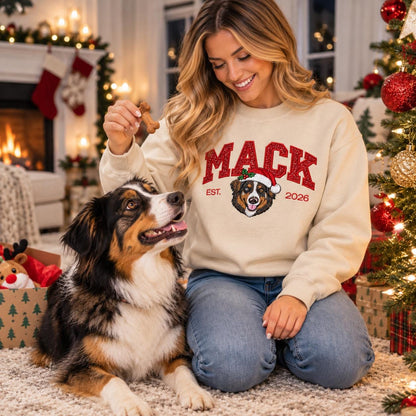 Glitter Varsity Name Christmas Pet Sweatshirt - Personalized Embroidered Dog Or Cat Portrait - Pet Mom Gift