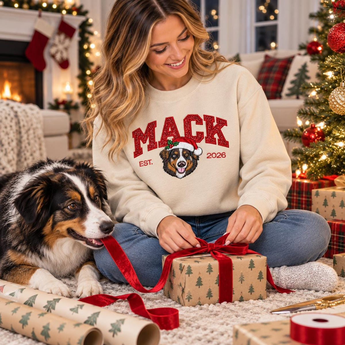 A woman sitting on the floor wrapping Christmas gifts while wearing a Sand-colored custom Christmas dog sweatshirt, with her playful Australian Shepherd dog chewing on the red ribbon nearby.