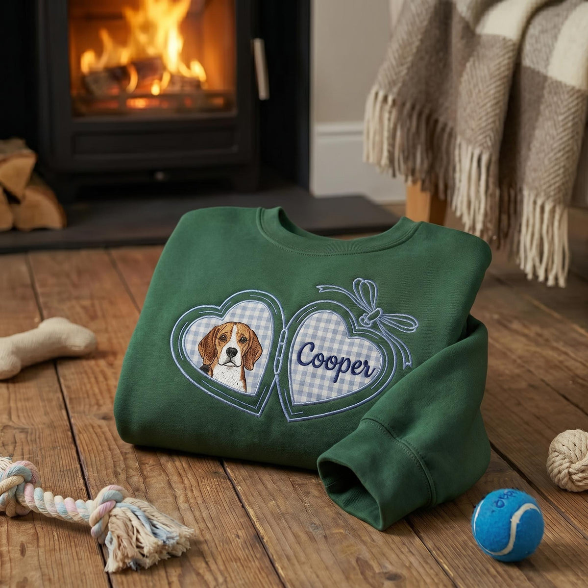 A dark green crewneck sweatshirt featuring an embroidered heart-shaped locket design. The left side of the locket displays a beagle dog illustration, while the right side features a light blue gingham pattern with the name Cooper.