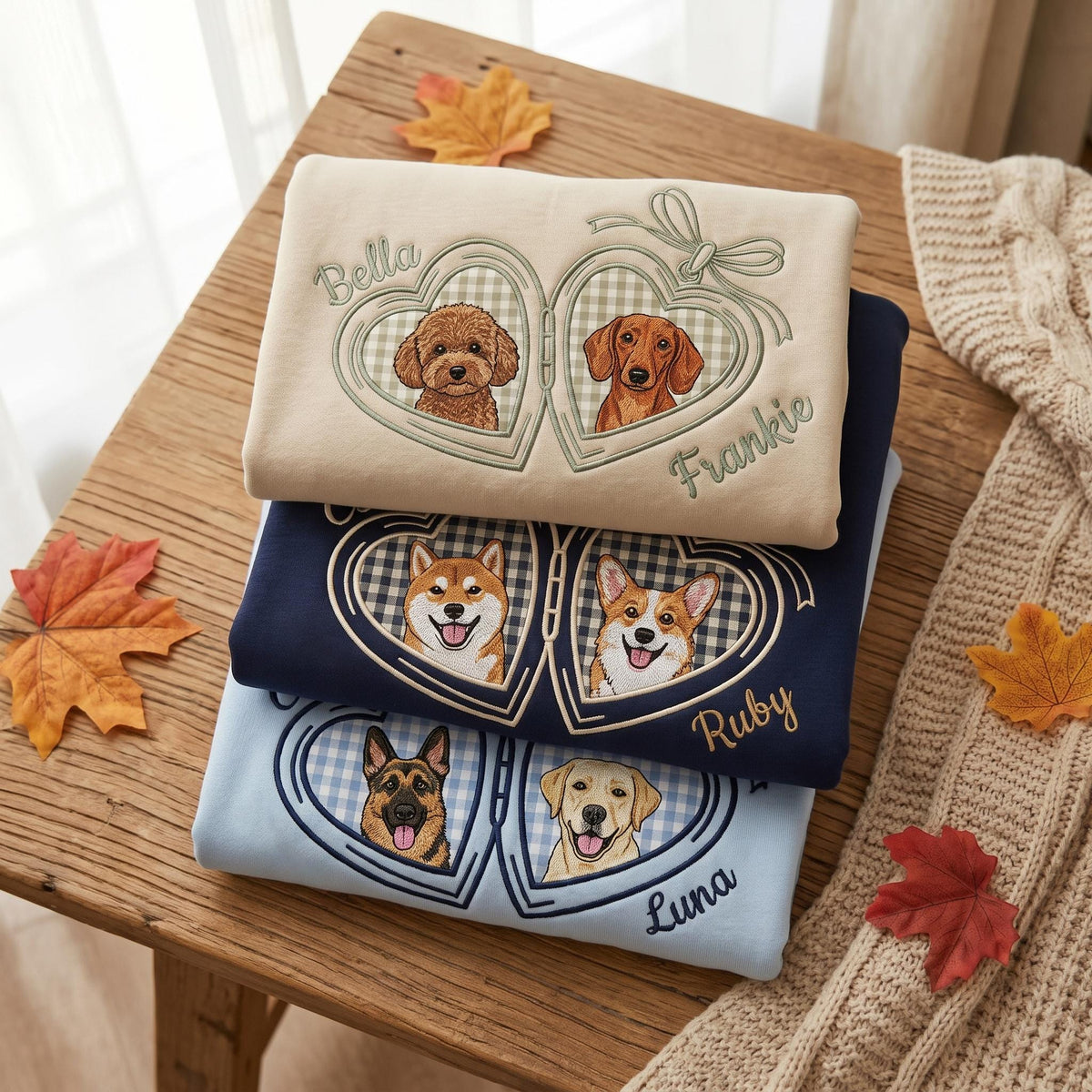 A stack of three folded sweatshirts in beige, navy blue, and light blue. Each features embroidered heart-shaped locket designs containing portraits of dogs. The names Bella, Frankie, Ruby, and Luna are stitched near the heart frames.