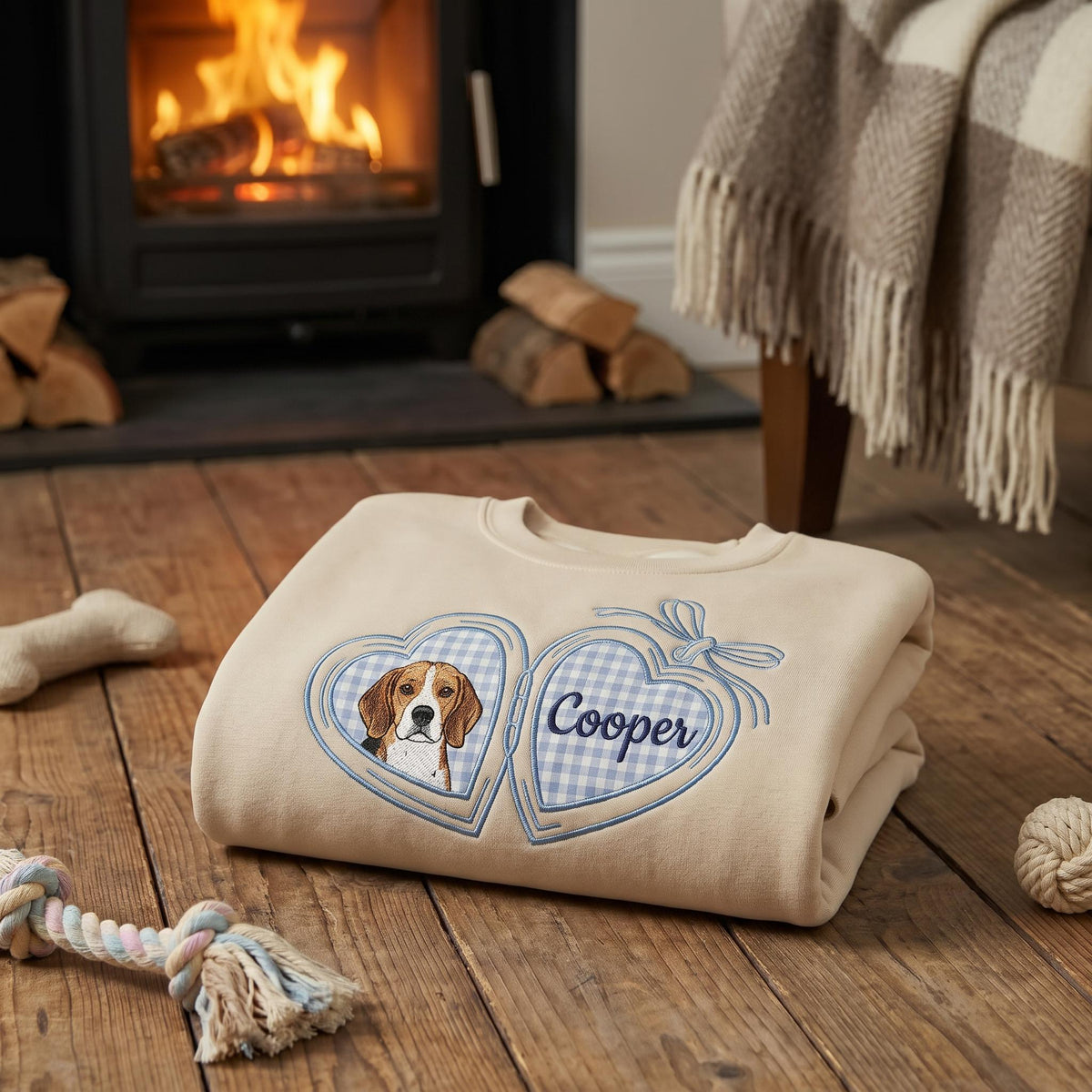 A beige crewneck sweatshirt featuring an embroidered design of two connected hearts. The left heart contains a portrait of a beagle, and the right heart displays the name Cooper in blue script, both set against a light blue gingham background.
