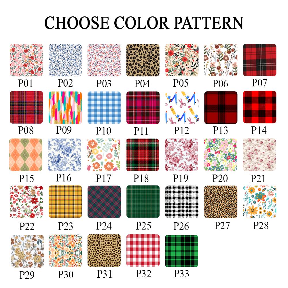 A grid of thirty-three square swatches displaying various patterns including floral, plaid, gingham, leopard print, and geometric designs. Each swatch is labeled with a code from P01 to P33, with the text CHOOSE COLOR PATTERN at the top.