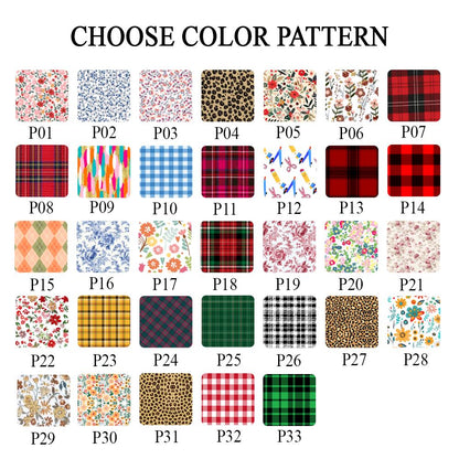 A grid of thirty-three square swatches displaying various patterns including floral, plaid, gingham, leopard print, and geometric designs. Each swatch is labeled with a code from P01 to P33, with the text CHOOSE COLOR PATTERN at the top.