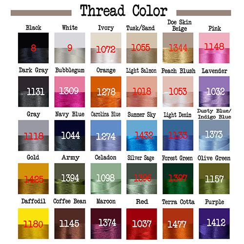 A color chart titled Thread Color displaying thirty distinct thread shades arranged in a grid. Each square features a color sample with a corresponding numerical code in red text, including black, white, ivory, pink, orange, blue, green, and red.