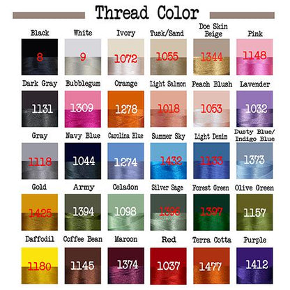 A color chart titled Thread Color displaying thirty distinct thread shades arranged in a grid. Each square features a color sample with a corresponding numerical code in red text, including black, white, ivory, pink, orange, blue, green, and red.