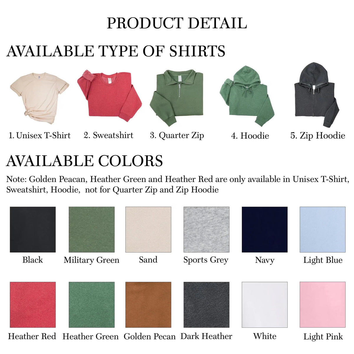 A product detail chart displaying five shirt styles: a sand t-shirt, red sweatshirt, olive quarter zip, green hoodie, and black zip hoodie. Below, a color palette shows twelve swatches labeled black, military green, sand, sports grey, navy, light blue, heather red, heather green, golden pecan, dark heather, white, and light pink.