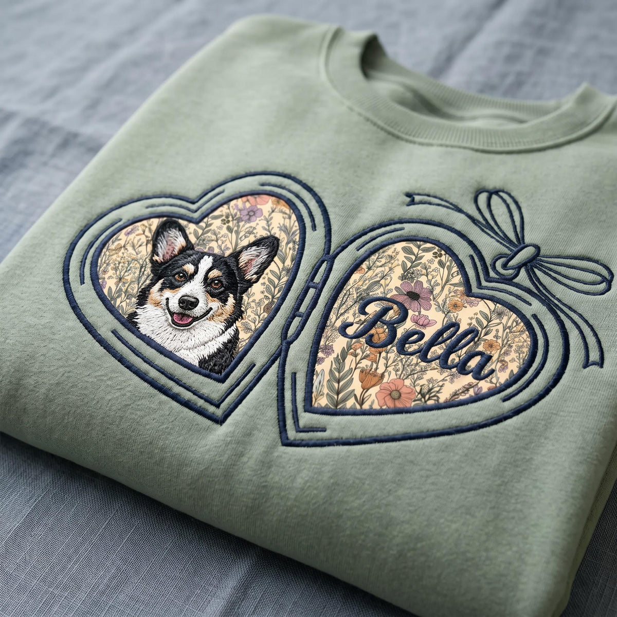 A sage green sweatshirt featuring an embroidered design of an open heart-shaped locket. The left side displays a black and white Corgi, while the right side shows the name Bella in cursive script, both set against a floral background.