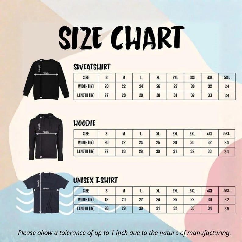 A size chart for apparel featuring a black sweatshirt, hoodie, and t-shirt with corresponding width and length measurements in inches for sizes S through 5XL. The text includes SIZE CHART, SWEATSHIRT, HOODIE, UNISEX T-SHIRT, and a note about a 1-inch manufacturing tolerance.