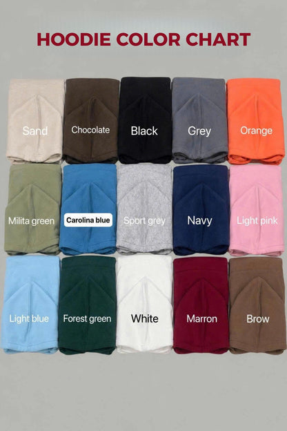 A hoodie color chart featuring fifteen folded hoodies in various colors including sand, chocolate, black, grey, orange, military green, Carolina blue, sport grey, navy, light pink, light blue, forest green, white, maroon, and brown.