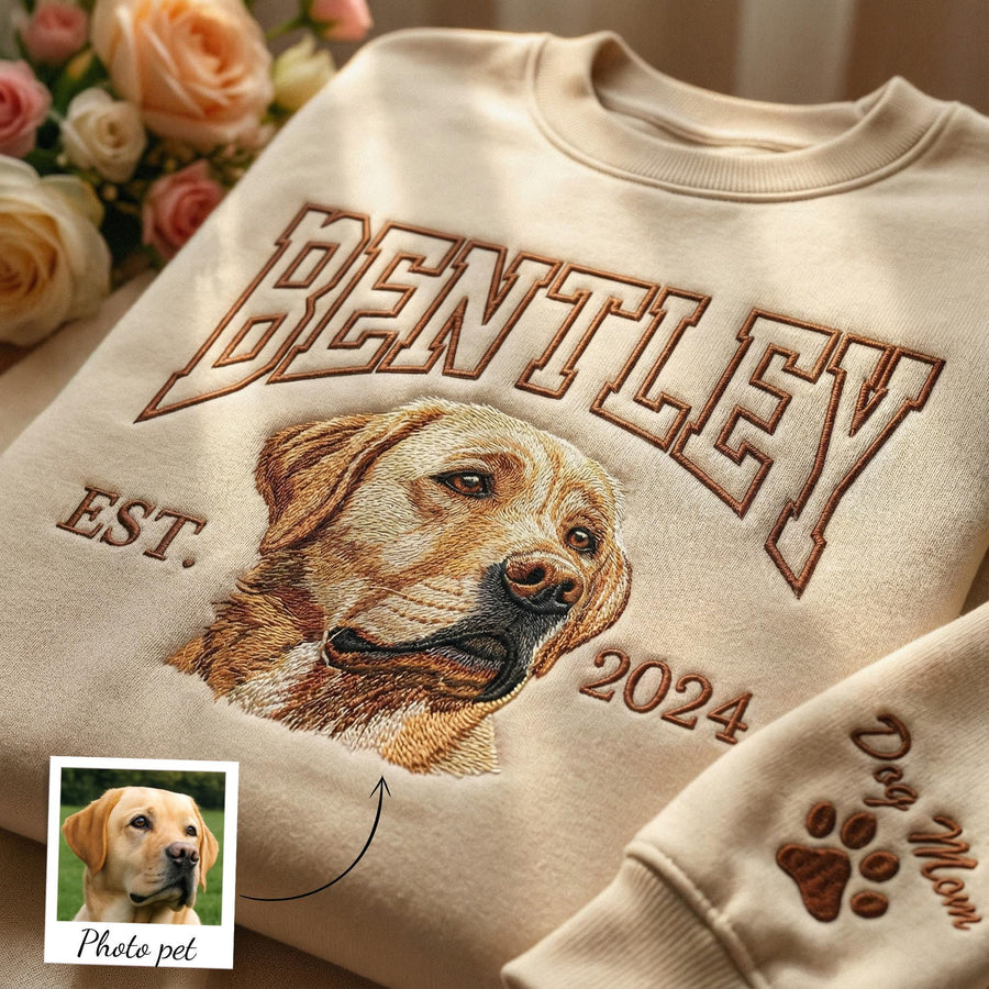 Outlined Varsity Name Pet Portrait Embroidered Sweatshirt - Personalized Dog & Cat Photo Shirt - Dog Mom Gift