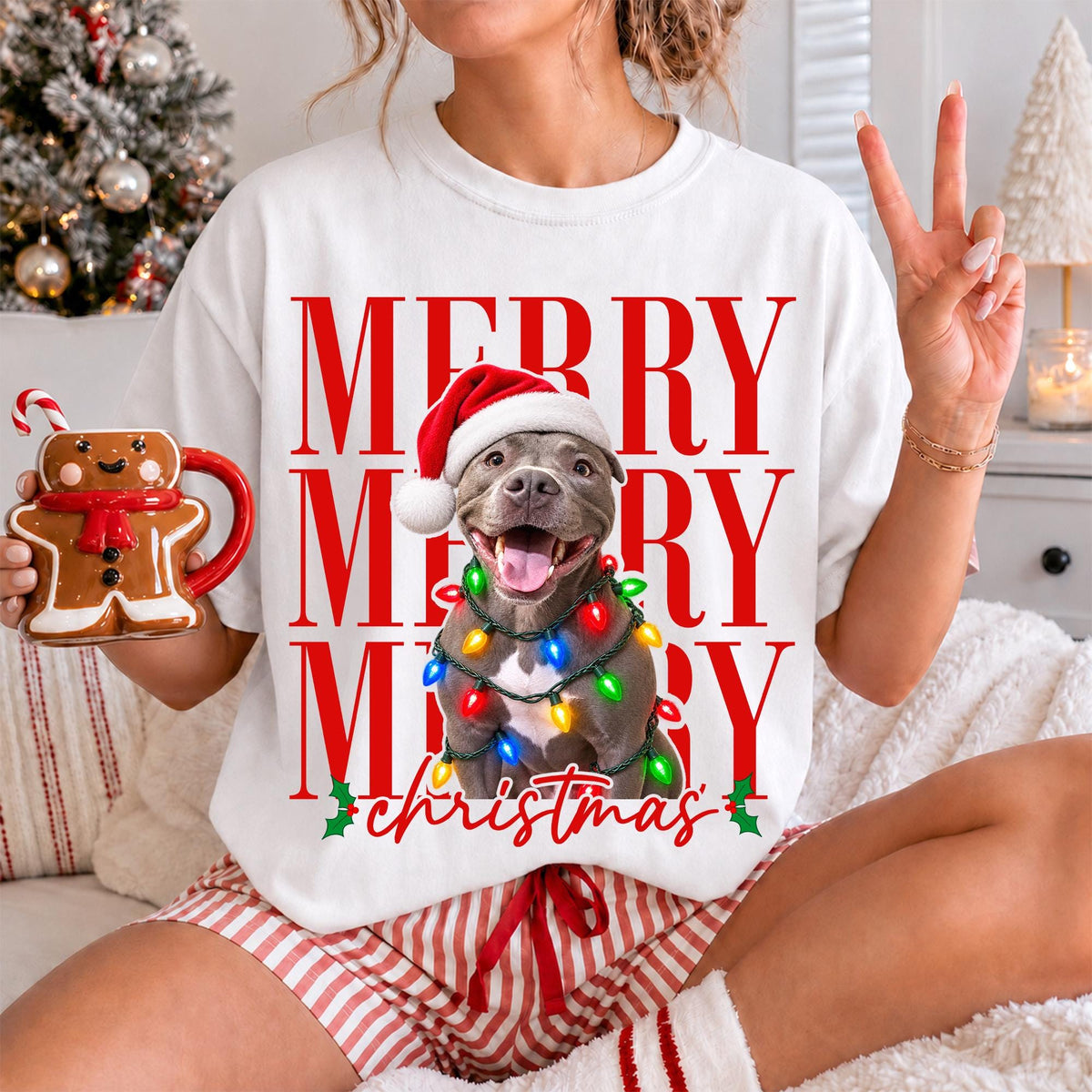 Merry Christmas Pet Photo Shirt - Personalized Dog In Santa Hat & Christmas Lights Tee - Gift For Dog Moms