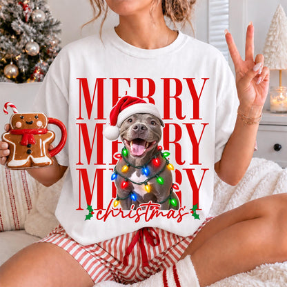 Merry Christmas Pet Photo Shirt - Personalized Dog In Santa Hat & Christmas Lights Tee - Gift For Dog Moms