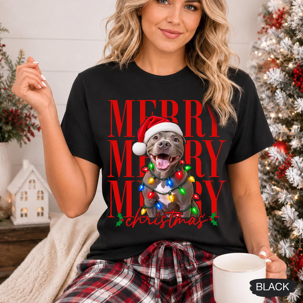 Merry Christmas Pet Photo Shirt - Personalized Dog In Santa Hat & Christmas Lights Tee - Gift For Dog Moms