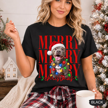 Merry Christmas Pet Photo Shirt - Personalized Dog In Santa Hat & Christmas Lights Tee - Gift For Dog Moms