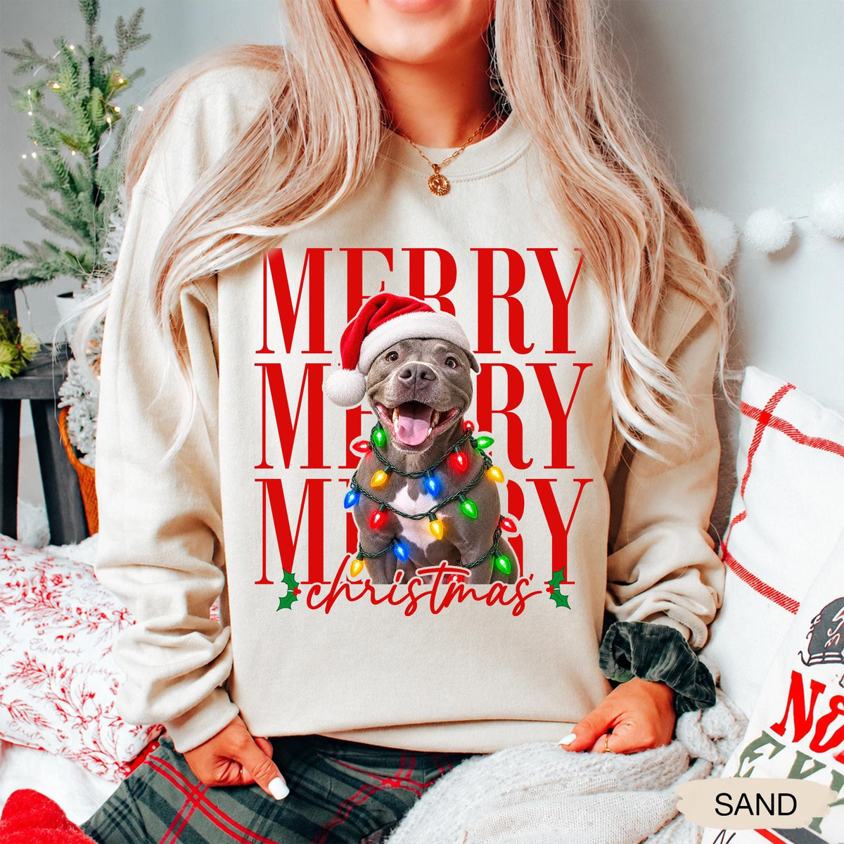 Merry Christmas Pet Photo Shirt - Personalized Dog In Santa Hat & Christmas Lights Tee - Gift For Dog Moms