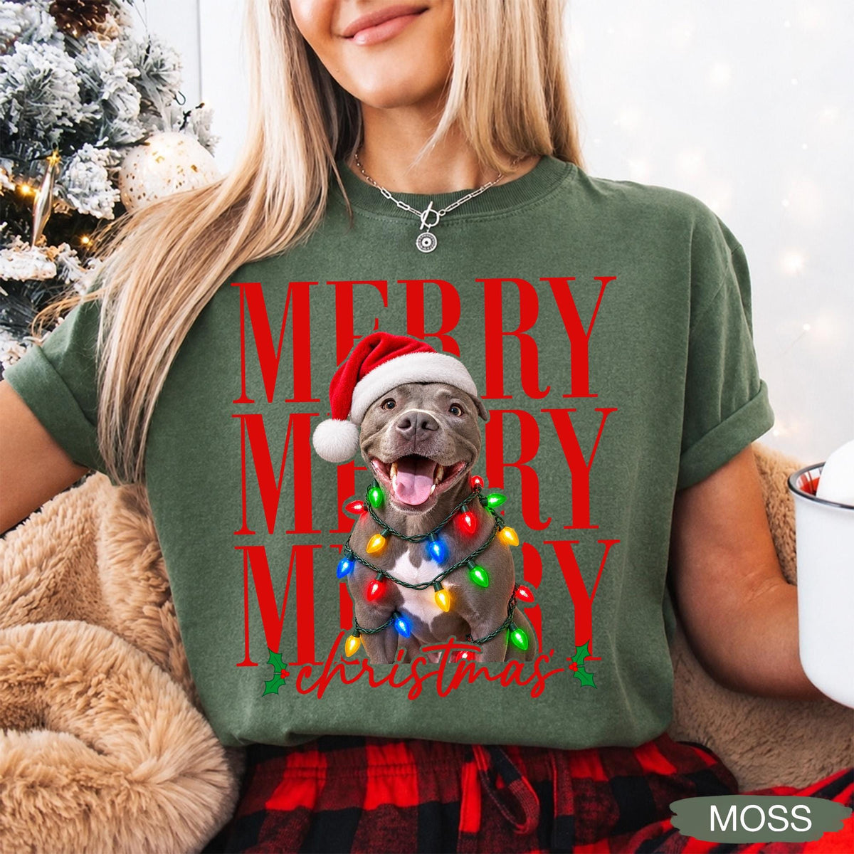 Merry Christmas Pet Photo Shirt - Personalized Dog In Santa Hat & Christmas Lights Tee - Gift For Dog Moms