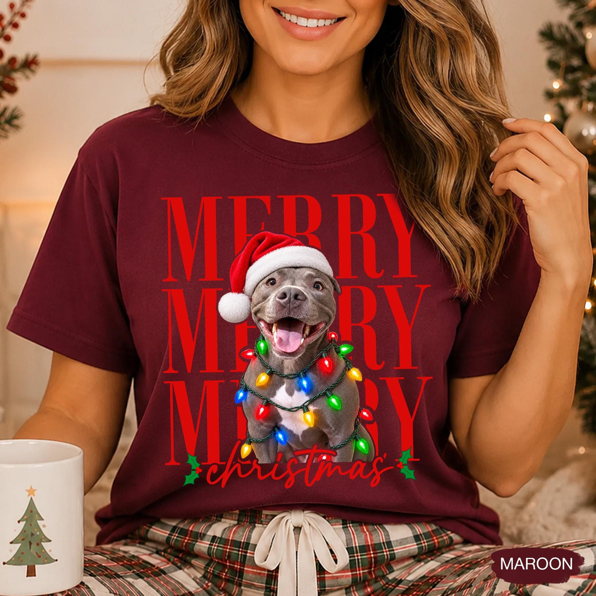 Merry Christmas Pet Photo Shirt - Personalized Dog In Santa Hat & Christmas Lights Tee - Gift For Dog Moms