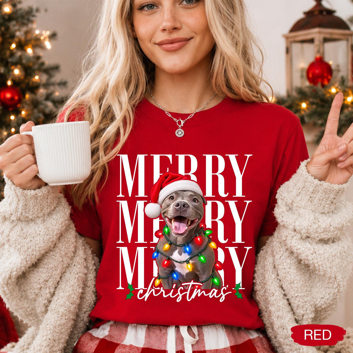 Merry Christmas Pet Photo Shirt - Personalized Dog In Santa Hat & Christmas Lights Tee - Gift For Dog Moms