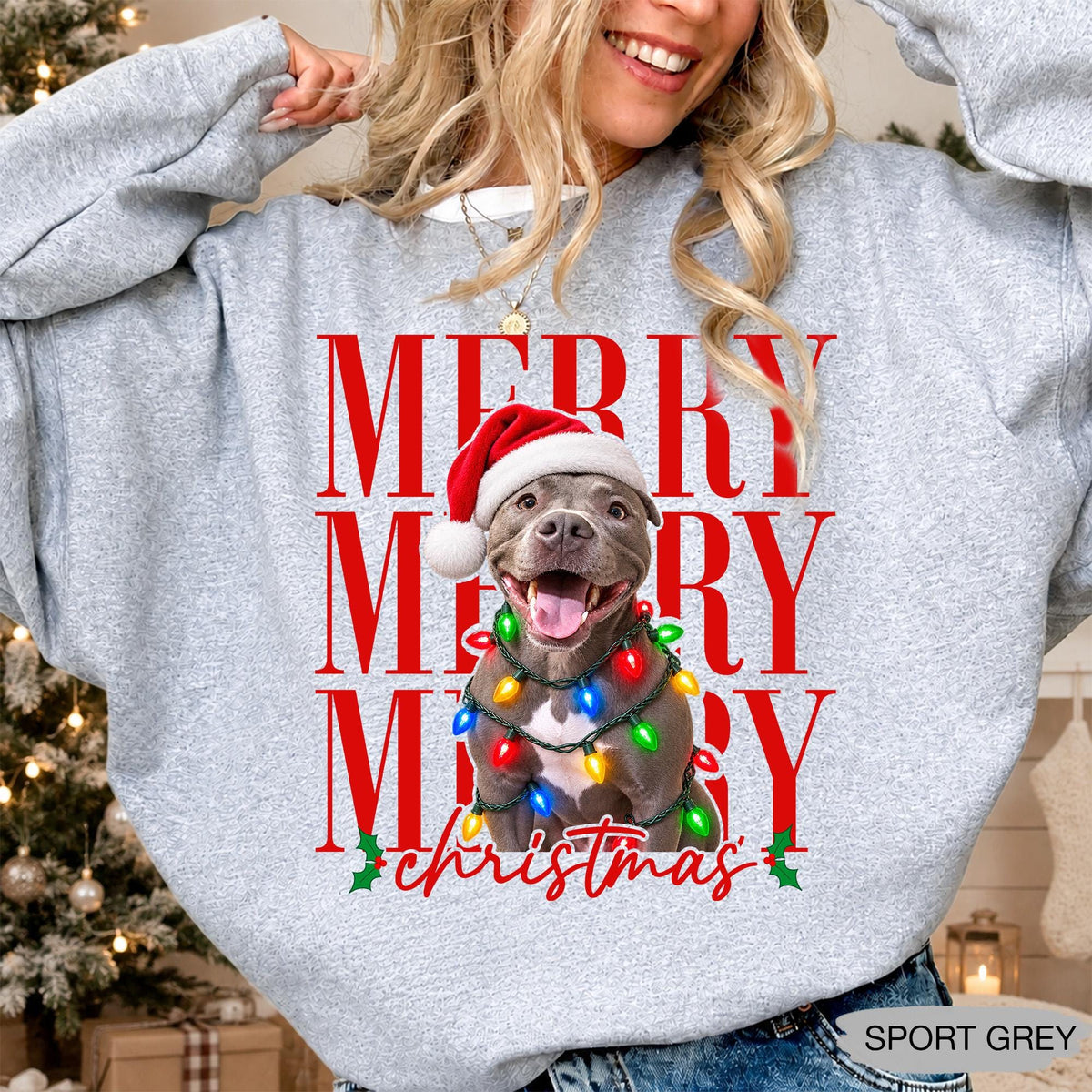 Merry Christmas Pet Photo Shirt - Personalized Dog In Santa Hat & Christmas Lights Tee - Gift For Dog Moms