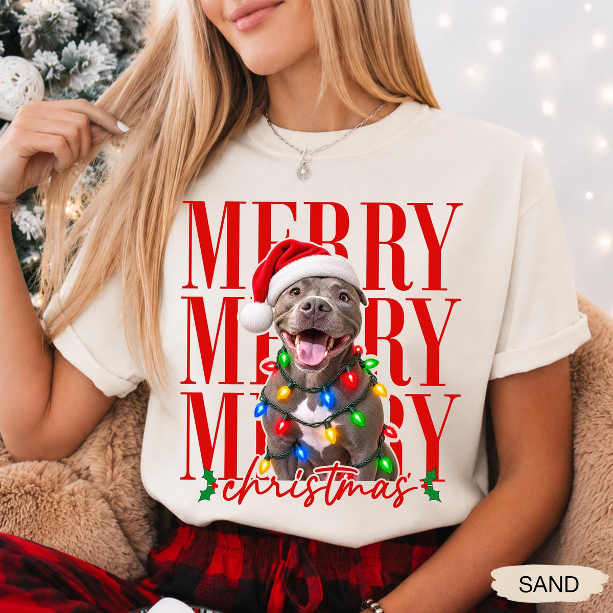 Merry Christmas Pet Photo Shirt - Personalized Dog In Santa Hat & Christmas Lights Tee - Gift For Dog Moms