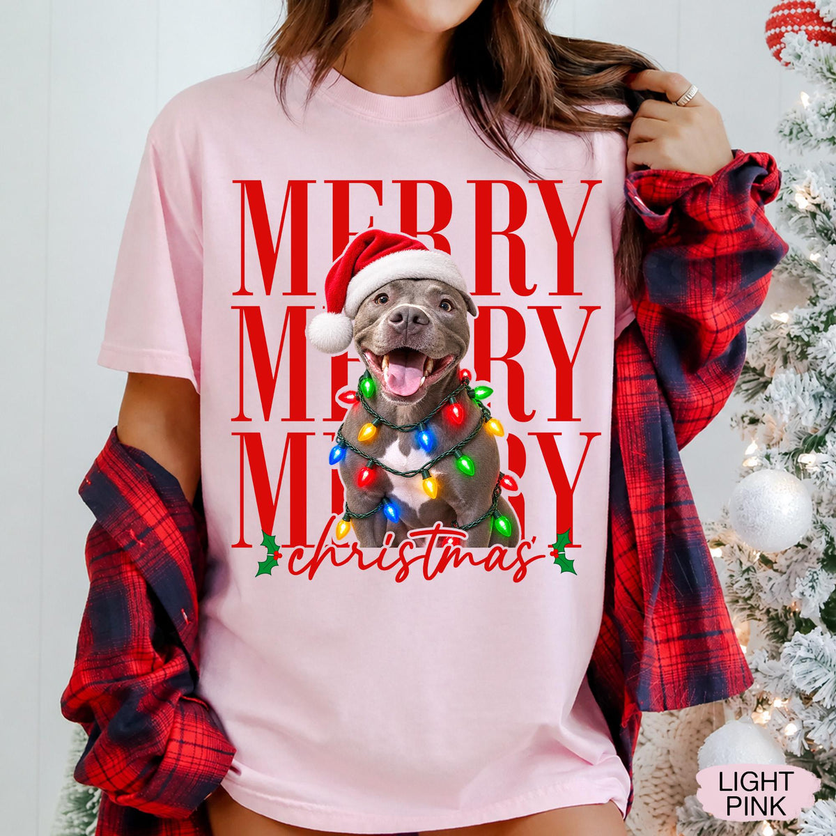 Merry Christmas Pet Photo Shirt - Personalized Dog In Santa Hat & Christmas Lights Tee - Gift For Dog Moms